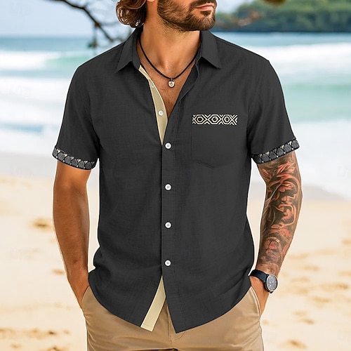  Herren Hemd Leinenhemd Sommerhemd Strandhemd Karomuster Urlaub Lässig Schwarz Marineblau Grün Khaki Kurzarm Kragen Sommer Bekleidung