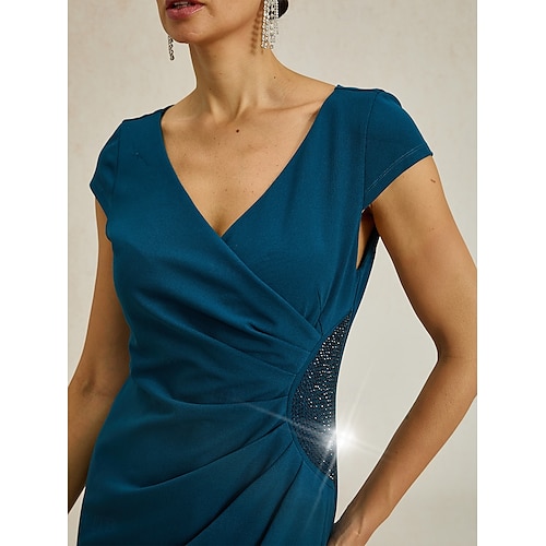  Femmes Robe maxi Robe fourreau Élégant Coupe régulière Couleur Unie Manche Courte Col en V Bleu Encre Été Printemps