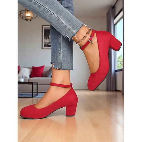  Escarpins Mary Jane rouges à talons carrés pour femmes - Chaussures habillées à bout rond en faux daim avec bride à la cheville, style vintage pour le bureau, les fêtes et le quotidien