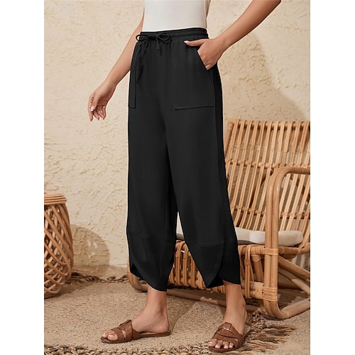  Damen Hose aus Baumwollleinen Chinos Mode Basic Volle Länge Hohe Taille Einfach Tasche Kordelzug Komfort Außenbereich Mikroelastisch Urlaub Straße Täglich Armee-Grün Schwarz Blau Khaki Sommer