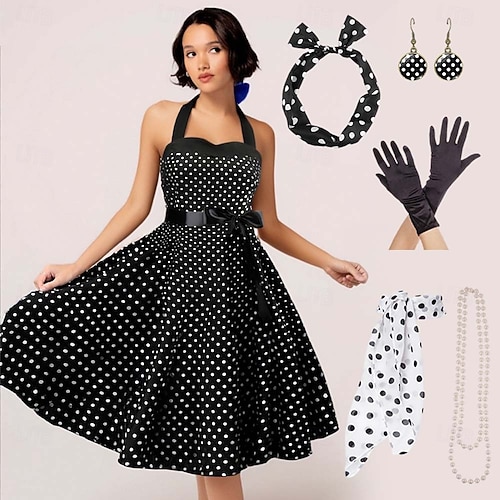 Set Vintage De Accesorios Años 50 Para Mujer – Gafas De Gato, Diadema De Lunares, Pañuelo, Guantes, Collar De Perlas Y Pendientes, Ideal Para Fiestas Rockabilly