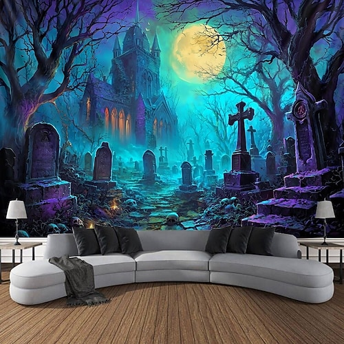 Halloween Blacklight Wall Tapestry – UV Reactive Haunted Window