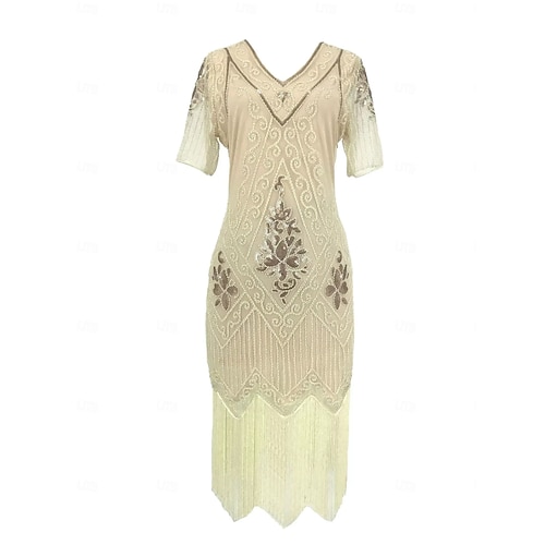 Roaring 20s 1920s Knee Length Dress Flapper Dress Prom Dress Short Sleeves The Great Gatsby Charleston Wedding Guest Sequins Tassel Fringe V Neck Fancy Dress Women's Carnival Masquerade Carnival 2026 - GBP 80 Roaring 20s 1920s Knee Length Dress Flapper Dress Prom Dress Short Sleeves The Great Gatsby Charleston Wedding Guest Sequins Tassel Fringe V Neck Fancy Dress Women's Carnival Masquerade Carnival 2026 - GBP 80
