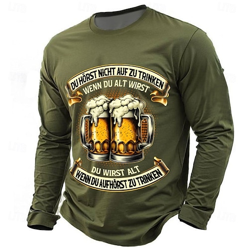  オクトーバーフェスト 男性用 オクトーバーフェストビール ドイツ語 Tシャツ 長袖 Tシャツ 3Dプリント クルーネック シャツ ファッション 日常 ベーシック ストリート カジュアル 日常 ブラック ブルー グリーン 夏 春 衣類 S M L XL XXL XXXL