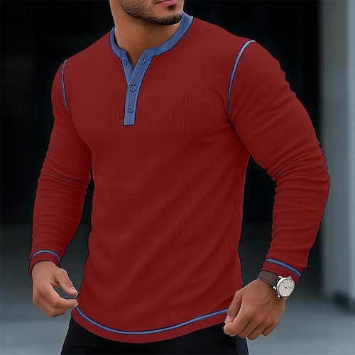  Men's T Shirt Henley Shirt Waffle Knit Tee Tee Top Long Sleeve Shirt Long Sleeve Color Block Solid Fashion Designer Basic Patchwork Henley Vacation Street Casual Spring &  Fall All Seasons Black