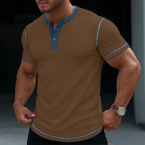  Men's Waffle Henley Shirt Tee Short Sleeve Solid Color Casual Buttons Henley Outdoor Casual Daily Summer Black White Yellow Henley T-Shirt