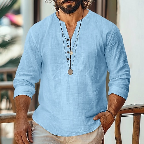  Voor heren Overhemd Linnen overhemd Zomer overhemd Strand hemd Effen Kleur Vakantie Casual Zwart Wit blauw Groen Lange mouw Henley Zomer Lente Kleding