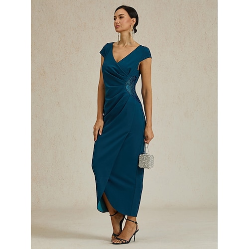  Femmes Robe maxi Robe fourreau Élégant Coupe régulière Couleur Unie Manche Courte Col en V Bleu Encre Été Printemps