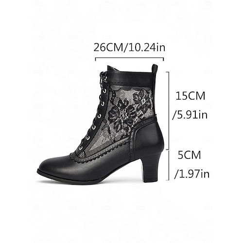  Botas femininas de cano curto com cadarço preto e inspiração eduardiana - botinhas vitorianas vintage de salto médio em malha com cadarço para moda gótica, cosplay e trajes com tema dos anos 1900