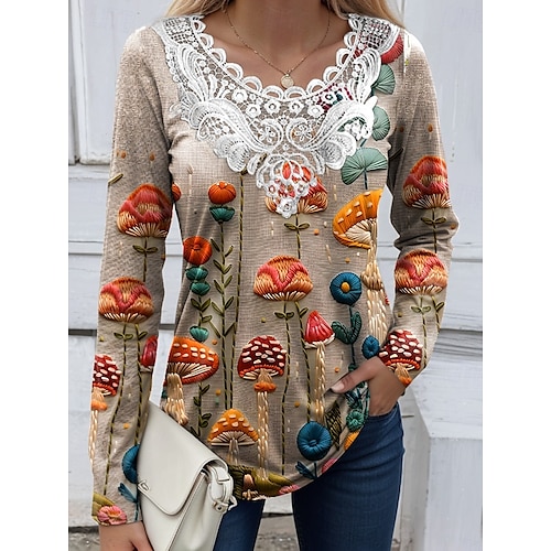  Blouse femme tunique à lacets épissures col en V à manches longues graphique floral plantes vintage décontractée col rond hauts impression quotidienne sortie week-end impression en dentelle blanche
