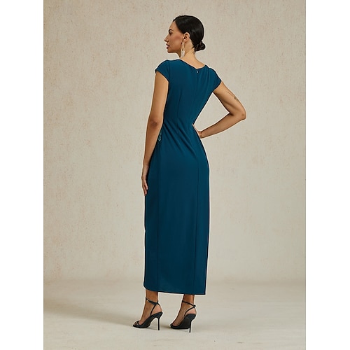  Femmes Robe maxi Robe fourreau Élégant Coupe régulière Couleur Unie Manche Courte Col en V Bleu Encre Été Printemps