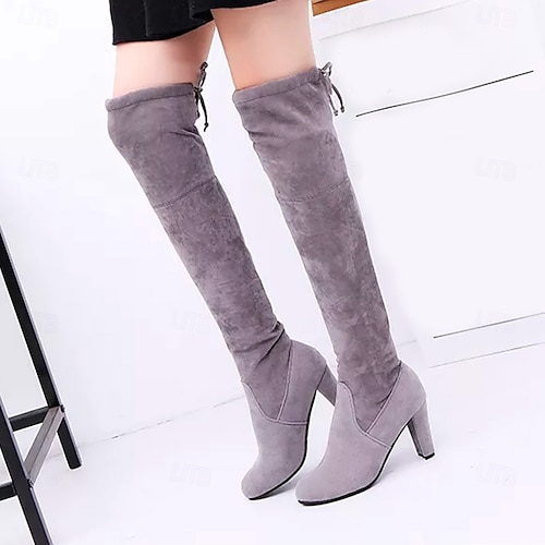  Overknee laarzen met blokhak voor dames – sexy suède laarzen met striksluiting aan de achterkant, elegante herfst- en winterschoenen voor een avondje uit, feestjes en streetstyle-looks
