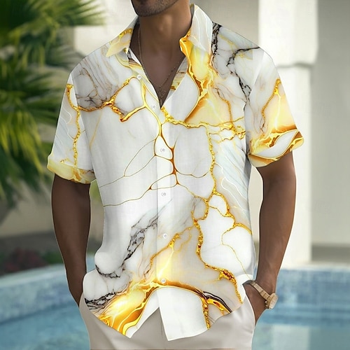  Men's Geometric Marble Abstract Art Shirt Summer Shirt Button Up Shirt Short Sleeve Fashion Casual Outdoor Vacation Dailywear Summer Spring Turndown 3D Print Collared Shirts Front One Pocket White