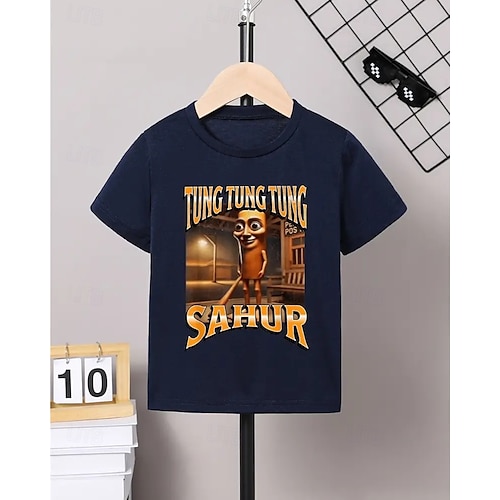  Blå pojk-t-shirt med tecknad figurtryck - tung tung tung sahur-design kortärmad sommar vår mode bas barn 4-12 år rund hals utomhus casual daglig normal passform