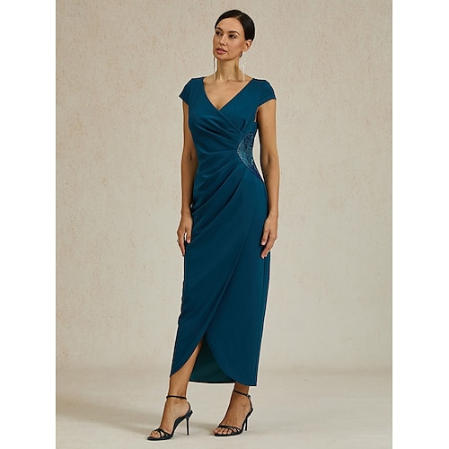  Femmes Robe maxi Robe fourreau Élégant Coupe régulière Couleur Unie Manche Courte Col en V Bleu Encre Été Printemps