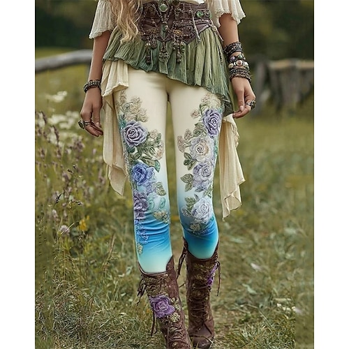  Femmes Pantalons Leggings Leggings confortables Occasionnel Boho Longueur complète Taille haute Fleur Taille Élastique Imprimé Respirabilité Confortable Élastique Vacances Rue Tenue quotidienne Rose