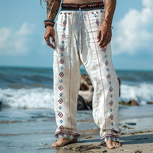  Men's Linen Pants Trousers Summer Pants Beach Pants Patchwork Elastic Waist Straight Leg Geometric Comfort Breathable Full Length Casual Daily Holiday Vacation Fashion White
