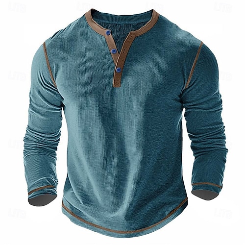  男性用 Tシャツ ヘンリーシャツ ワッフルニットTシャツ ティートップ 長袖シャツ 長袖 カラーブロック ソリッドカラー ファッション デザイナー ベーシック パッチワーク ヘンリー バケーション ストリート カジュアル 春 & 秋 ダークグレー ブラック ホワイト ヘンリーTシャツ