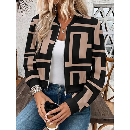  Damskie Płaszcz Zatrzymujący ciepło Lekki Nadruk Elegancja Zabytkowe Moda Retro Geometryczny Na zewnątrz Urlop Dom Ulica Regularny Kołnierz stawiany Regularny Długi rękaw Odzież wierzchnia Czarny