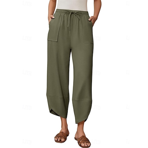 Damen Hose aus Baumwollleinen Chinos Mode Basic Volle Länge Hohe Taille Einfach Tasche Kordelzug Komfort Außenbereich Mikroelastisch Urlaub Straße Täglich Armee-Grün Schwarz Blau Khaki Sommer