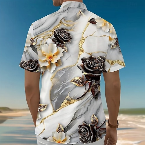  Miesten Kukkapainatus Marmori Kukat Paita Kesä paita Button Up paita Lyhythihainen Muoti rento ulko- Loma Arkikäyttö Kesä Kevät Sänkyjen avaus 3D-tulostus kauluspaidat Edessä yksi tasku Valkoinen