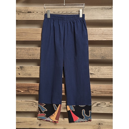  Damen Stoffhosen Hosen Hose Urlaub Vintage Ethno-Stil Volle Länge Hohe Taille Blumen Grafik Geometrisch Elastischer Bund Bequem Atmungsaktivität Weich Unelastisch Outdoor Straße Täglich Schwarz