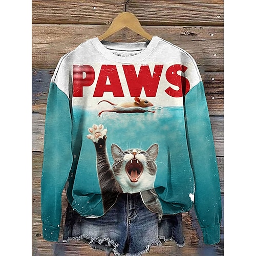  Women's Sweatshirts Graphic Cat Letter Casual Long Sleeve Crew Neck Regular Tops Street Dailywear Print Blue Purple Green Khaki Fall Winter