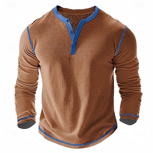  男性用 Tシャツ ヘンリーシャツ ワッフルニットTシャツ ティートップ 長袖シャツ 長袖 カラーブロック ソリッドカラー ファッション デザイナー ベーシック パッチワーク ヘンリー バケーション ストリート カジュアル 春 & 秋 ダークグレー ブラック ホワイト ヘンリーTシャツ