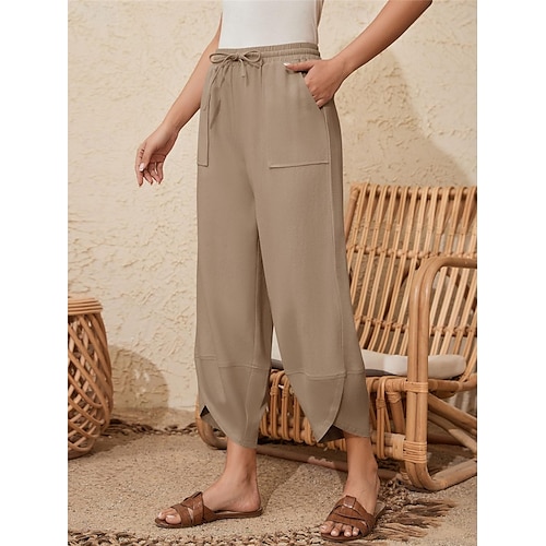  Damen Hose aus Baumwollleinen Chinos Mode Basic Volle Länge Hohe Taille Einfach Tasche Kordelzug Komfort Außenbereich Mikroelastisch Urlaub Straße Täglich Armee-Grün Schwarz Blau Khaki Sommer