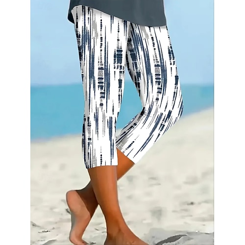  Dame Capri-bukser Leggings Ferie Årgang Etnisk stil Kalv lengde Høy Midje Grafisk Geometrisk Stripe Myk Bekvem Pustende Elastisk Feriereise Avslappet Daglig Hvit / Blå Brun Sommer Vår Høst Slank