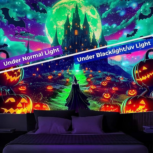 Halloween Blacklight Wall Tapestry – UV Reactive Glowing Moon over