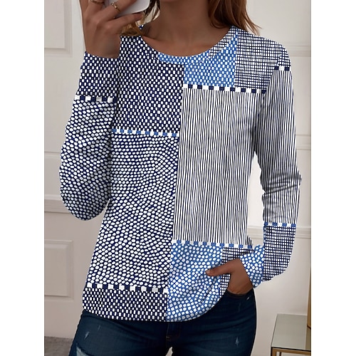  Kvinnors T-shirt Långärmad Crew Neck Långärmad Tunika Grafisk Geometrisk Vintage Avslappnad Regelbundna Toppar Dagligt Tryck Rosa Blå Lila Grön Vår Höst Förhösten