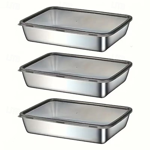  Set di 3 contenitori per alimenti in acciaio inossidabile, senza BPA, riutilizzabili, facili da pulire, design impilabile per frutta, carne, verdura, frigorifero e dispensa.