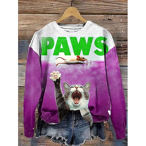  Women's Sweatshirts Graphic Cat Letter Casual Long Sleeve Crew Neck Regular Tops Street Dailywear Print Blue Purple Green Khaki Fall Winter