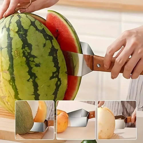  Coupe-melon en acier inoxydable avec lames triangulaires, coupe-fruits ergonomique avec manche en bois, outil de cuisine durable et sûr pour pastèque, cantaloup, etc.