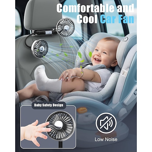  USB Car Fan for Backseat, Dual Rearseat Fans for Kids Separated Controlled Heads and 2 LED Lights 360 Rotatable Cooling 3 Speeds Auto Cooler for Car