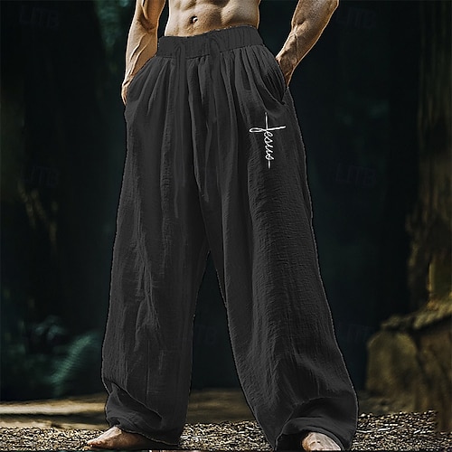  Men's Linen Pants Trousers Summer Pants Beach Pants Pocket Elastic Waist Drawstring Plain Comfort Breathable Vacation Daily Holiday Hawaiian Boho Black White