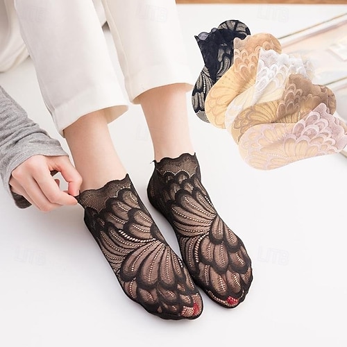 Lot de 5 paires de chaussettes paon en cristal, respirantes et en dentelle, pour femmes, en maille transparente, avec bordure en plumes, antidérapantes, courtes et mignonnes, coupe basse