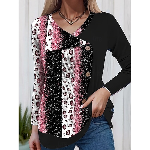  Women's Blouse Geometric Stylish Casual Long Sleeve V Neck Regular Tops Daily Pocket Buttons Print Black White Pink Spring Fall