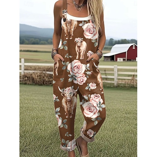  Mulheres Jardineiras Ativo Floral Sem Manga Com Cordão com bolso Férias Diário Ajuste Largo Branco Vermelho Roxo Verão
