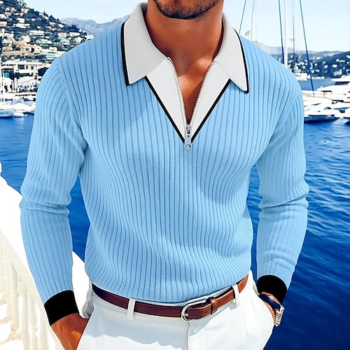  Men's Knit Polo Sweater Quarter Zip Polo Outdoor Causal Quarter Zip Long Sleeve Fashion Modern Solid Color Knitted Spring &  Fall Blue Knit Polo Sweater