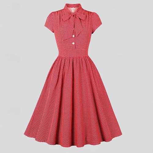 rockabilly shirt dress Yxbdin Polka Dot Print Prom Dresses for Women Retro Short Sleeve Midi Dresses Rockabilly Collared V Neck Shirt Dress Elegant Flowy Swing Cocktail Dress
