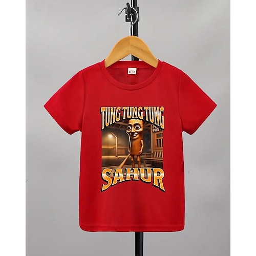  Blå pojk-t-shirt med tecknad figurtryck - tung tung tung sahur-design kortärmad sommar vår mode bas barn 4-12 år rund hals utomhus casual daglig normal passform