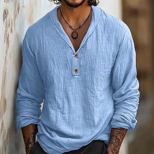  Men's Shirt Linen Shirt Popover Shirt Summer Shirt Beach Wear Solid Color Vacation Street Black Sky Blue Khaki Long Sleeve Collar Summer Spring Clothing Apparel