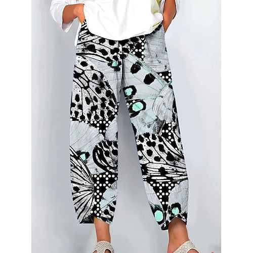  Femmes Jambe large Chinos Pantalons Amples Vacances ancien Style Ethnique Longueur complète Taille haute Graphique Léopard Papillon Patchwork Cordon de serrage Impression Respirant Non Elastique