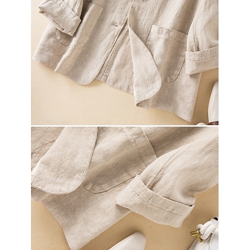  Blazer feminino de algodão e linho, confortável, respirável, com bolso, casual, liso, para escritório, casual, uso diário, abotoamento simples, regular, abertura para baixo, ajuste regular, manga comprida, agasalho branco, verde, bege, verão