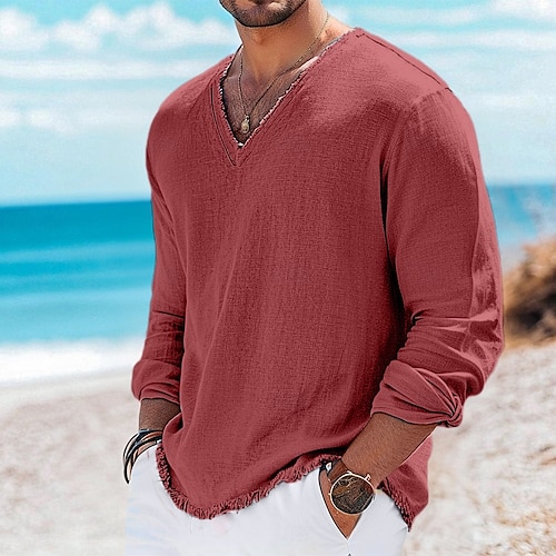  Per uomo Maglietta in lino Manica Lunga Scollo a V Estate Primavera Tinta unica Vintage Stile Boho Casual Senza bordo Vacanza Streetwear Casuale Bianco Rosa Blu chiaro Maglietta Top per Uomo