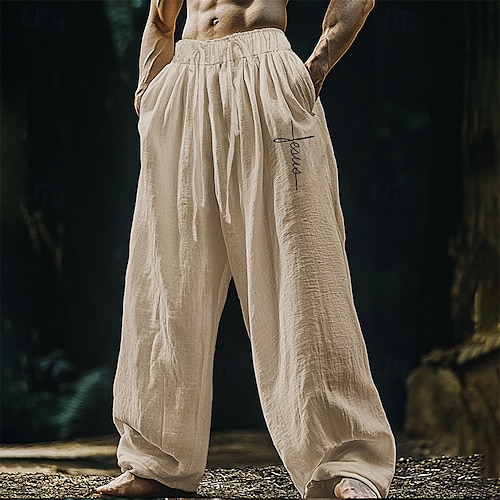  Men's Linen Pants Trousers Summer Pants Beach Pants Pocket Elastic Waist Drawstring Plain Comfort Breathable Vacation Daily Holiday Hawaiian Boho Black White