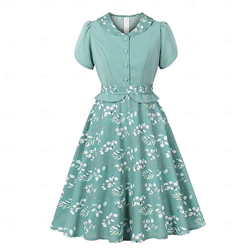 slim fit dress slacks 50’s Beige Brocade Flower print Fit & Flare Dress With Brooch On Satin  Waist Strap main image 0