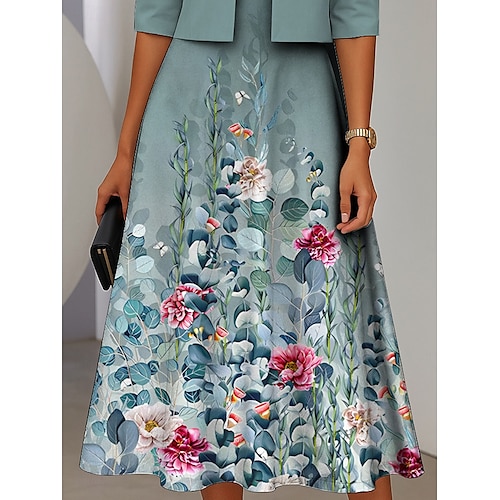  Ensemble de robes pour femmes en deux pièces robe midi avec veste élégante robe en A manches mi-longues robe décontractée semi-formelle imprimé floral ombragé encolure en V rendez-vous rose bleue